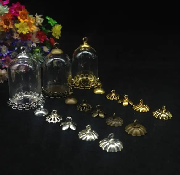 

300sets/lot 25*18mm clear bell jar shape glass glob double lace tray cap glass bottle necklace pendant glass vials diy jewelry
