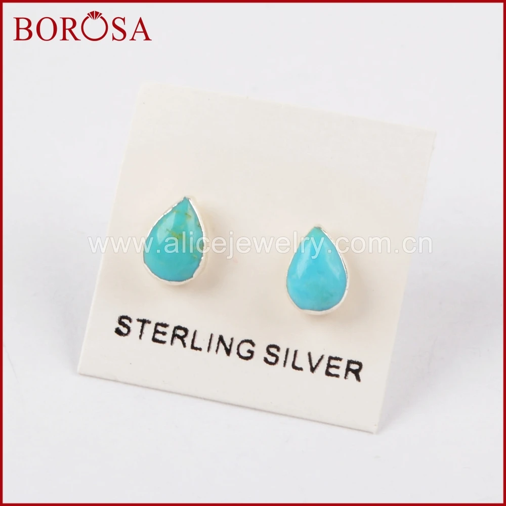 BOROSA Elegant Pure Silver Natural Tur-quoise Stud Earrings Druzy Jewelry Gems Fashion for Women Girls SS177 |