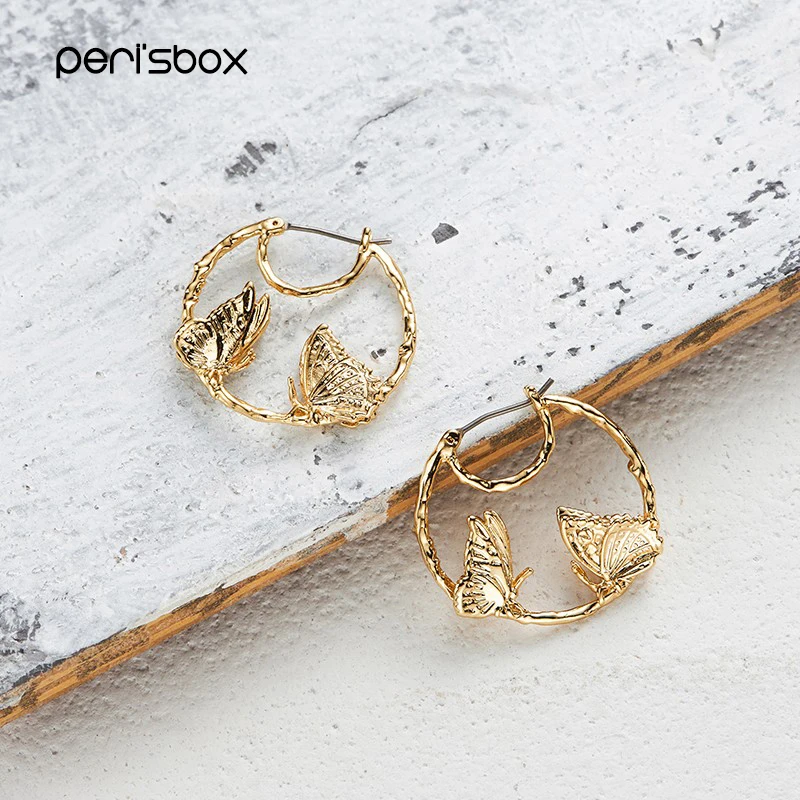 Peri'sbox новые серьги-кольца с бабочкой золотого цвета для женщин, свадебные серьги-люстры, ювелирные изделия, модные серьги в виде животных, обручи