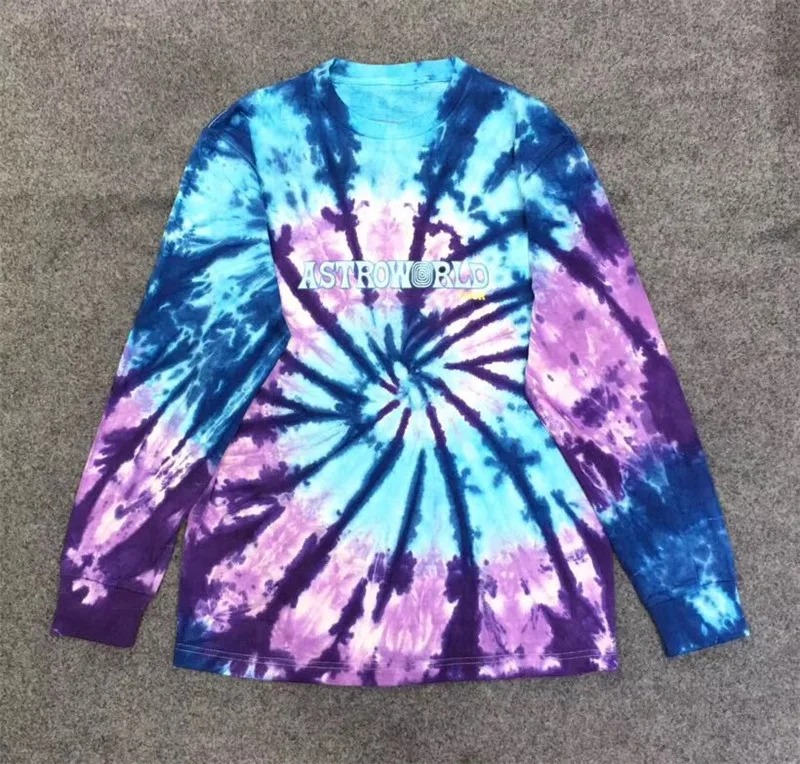 Новая ASTROWORLD Трэвиса Скотта TIE DYE футболка с длинным рукавом для мужчин и женщин 1:1 лучшее качество мода Casaul ASTROWORLD футболки