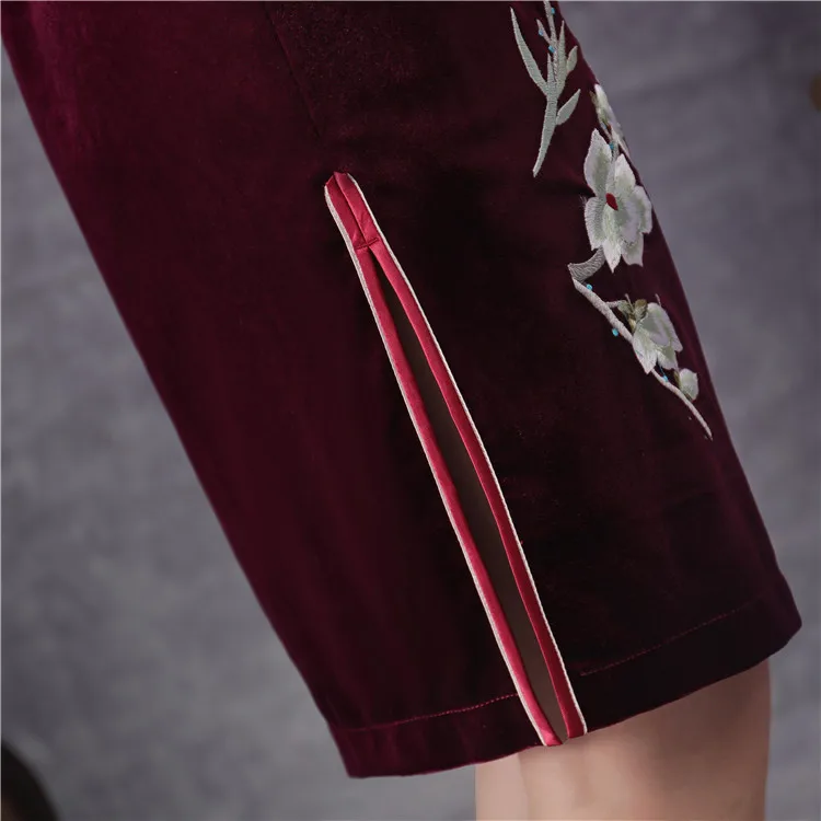 Китайский женский Qipao по колено Cheongsam Для женщин традиционный бархат вечернее