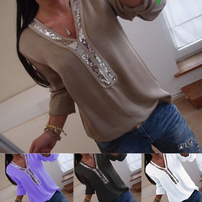 2018 Новая блузка Sexy V шеи блестками Лоскутные рубашки с длинным рукавом Однотонная