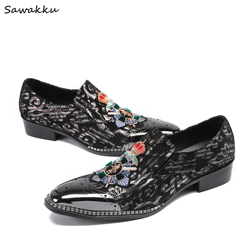 British Style Genuine Leather Men Shoes Slip On Mens Black Brand Dress Loafers Metal Pointed Toe Printed Moccasins | Обувь