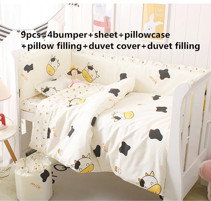 

6/9PCS Cow Baby Bedding Crib Bumper Sets conjunto de berço Boys/Girls Crib Bedding Pillow Blanket Whole set,120*60/120*70cm