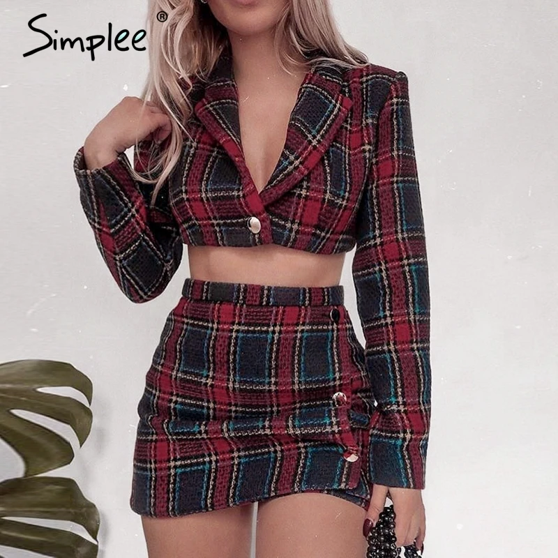 Simplee зимний комплект из 2 предметов твидовое клетчатое платье укороченный Топ для