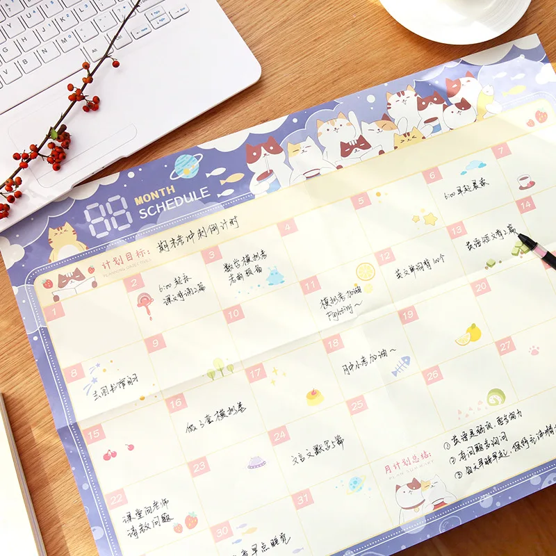 Coloffice 1PC Creative Monthly Plan Table Cartoon Cats Cute 30-day Schedule Work Study Memo Planner Paper Office School Supplies