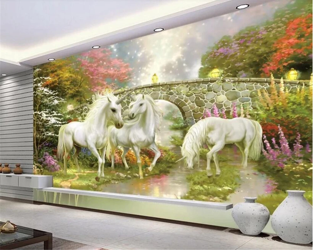 beibehang wall papers home decor Dream personality fashion silk cloth stereo 3d wallpaper fairyland unicorn TV background behang |