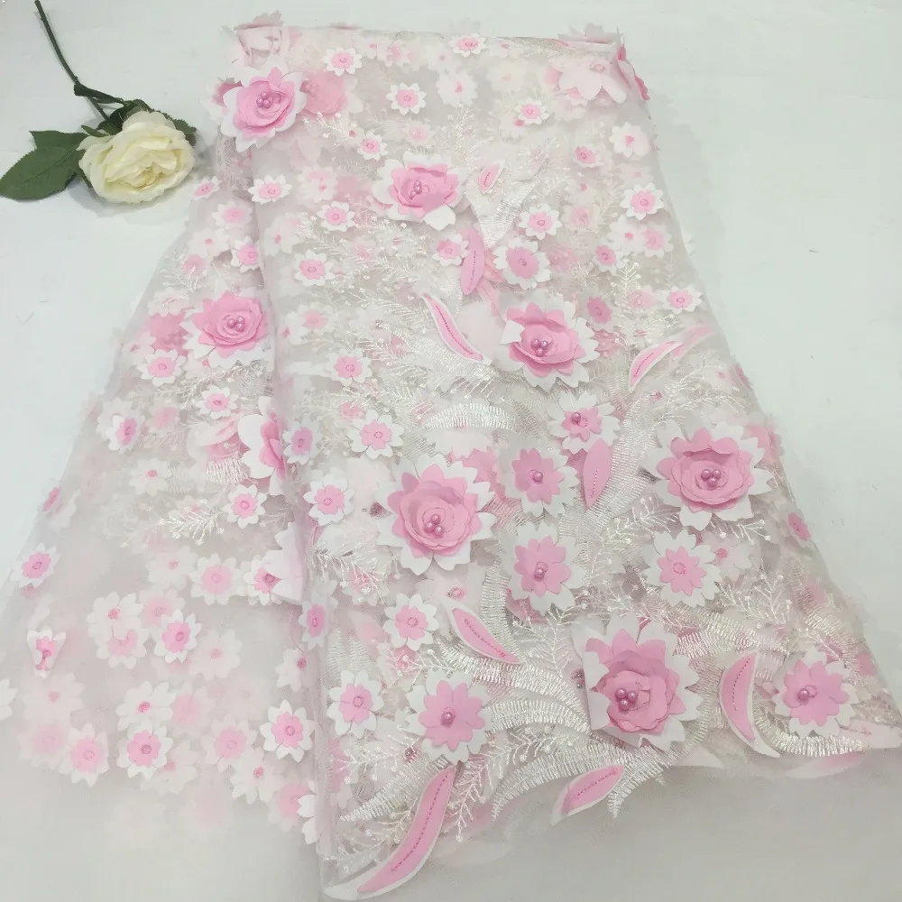 

High Quality Nigerian Lace Fabric 2018 With Beads African French Net Lace Fabric 3D Flower Embroidered Tulle Mesh Lace ZLN22