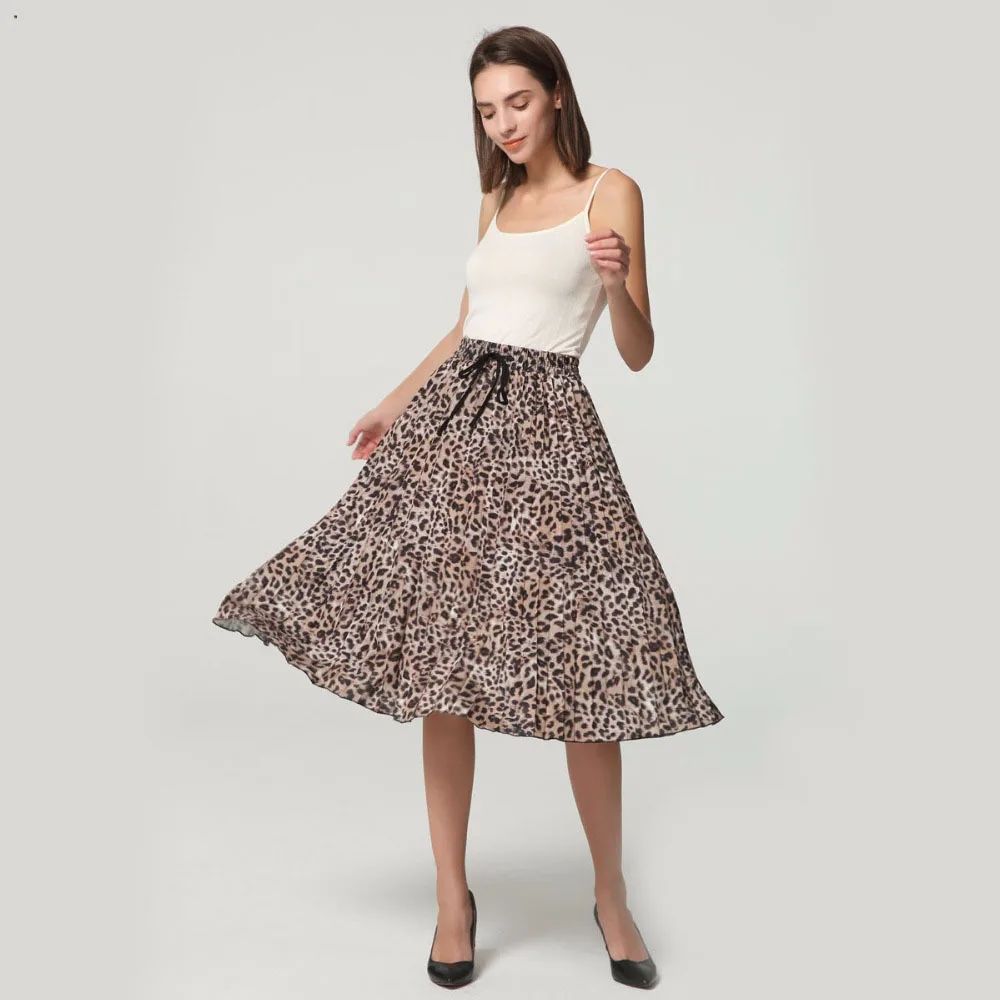 Luzuzi women stylish leopard print pleated skirt snake faldas mujer Drawstring tie elastic waist casual mid calf skirts CE3068 | Женская