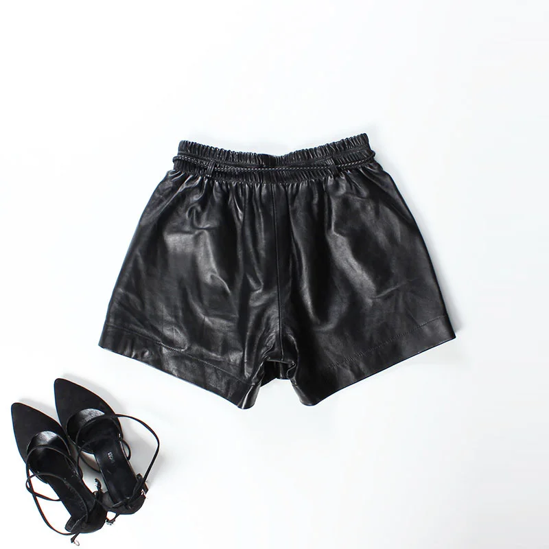 2019 Новые поступления шорты женские черные из натуральной кожи свободные с