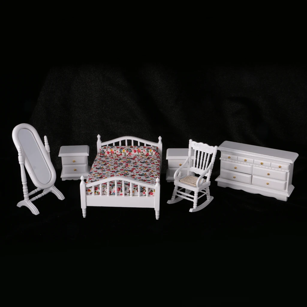 

Kids 6Pcs 1:12 Dollhouse Miniature White Wooden European Retro Bedroom Furniture Set Classic Toy Gift for Child Dolls Accesssory