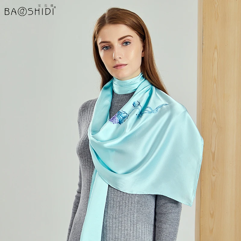 [BAOSHIDI] 2017 КИТАЙСКИЙ Роскошный шелковый шарф с вышивкой 100% шелк Одноцветный ручная