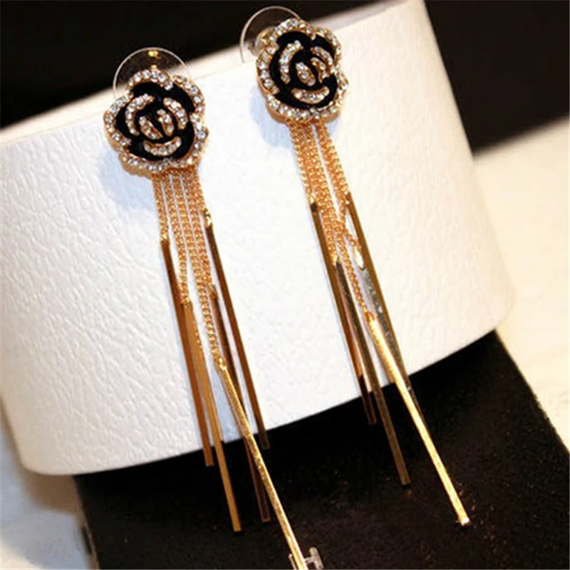 Женские винтажные длинные серьги камелии висячие с кристаллами известного