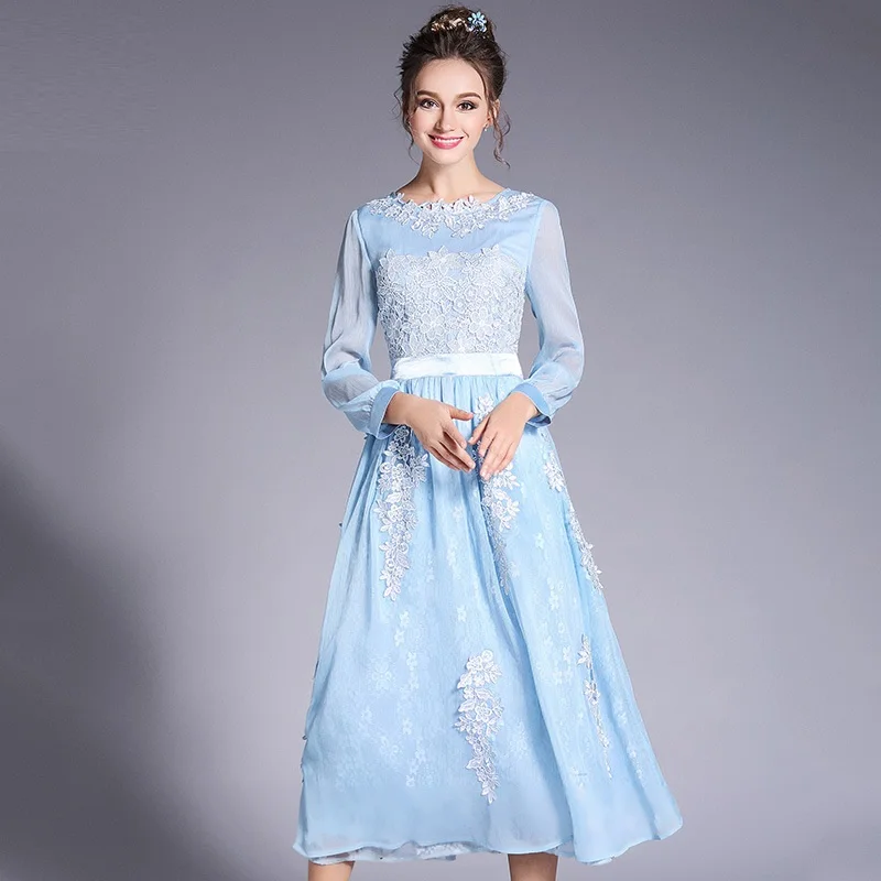 2017 женское кружевное платье с вышивкой милое длинное шифоновое Пышное Платье на