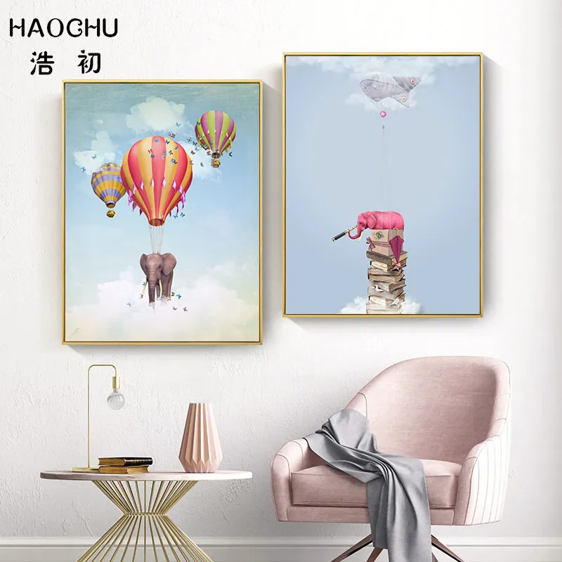 HAOCHU Nordi плакат розовый слон бабочка живопись на холсте мультфильмы воздушном