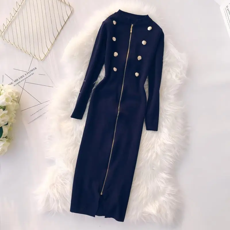 autumn and winter new women O-neck buttons zipper long sleeve waist pockets OL elastic knitted dress female sweater dresses