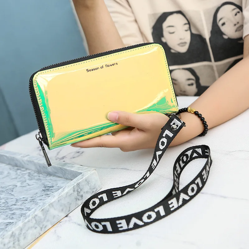 D524 Yellow Новинка, Женский кошелек с лазерным голографическим ремешком, Длинный кошелек, женский клатч, женские кошельки, кошельки, портмоне, на молнии, карман для телефона, Carteras - Цвет: D524 Yellow
