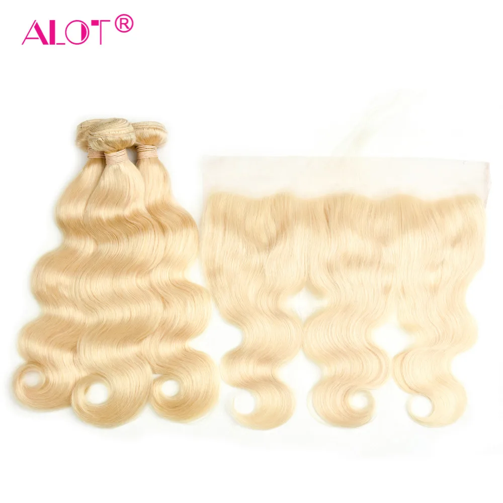 

Alot 613 Honey Blonde Body Wave Hair Bundles With Frontal Non Remy Human Hair Weaving With Frontal Transparent Lace