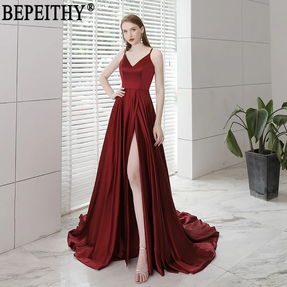 Женское вечернее платье BEPEITHY бордовое длинное с разрезом и v образным вырезом