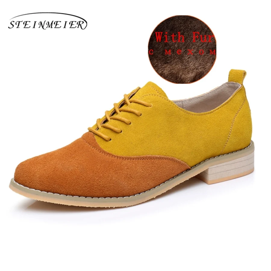 yellow Orange fur Повседневные дизайнерские винтажные женские туфли на плоской подошве из натуральной коровьей кожи; женские туфли-оксфорды ручной работы с мехом; цвет красный, синий, желтый, коричневый - Color: yellow Orange fur