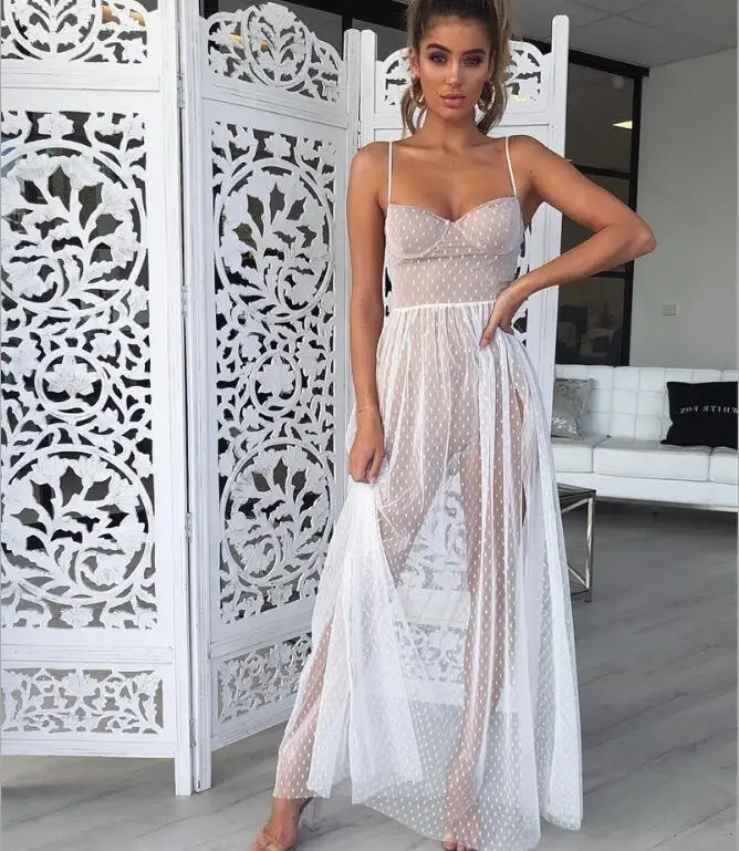 Женское прозрачное Сетчатое платье без бретелек пляжное в горошек с разрезом на