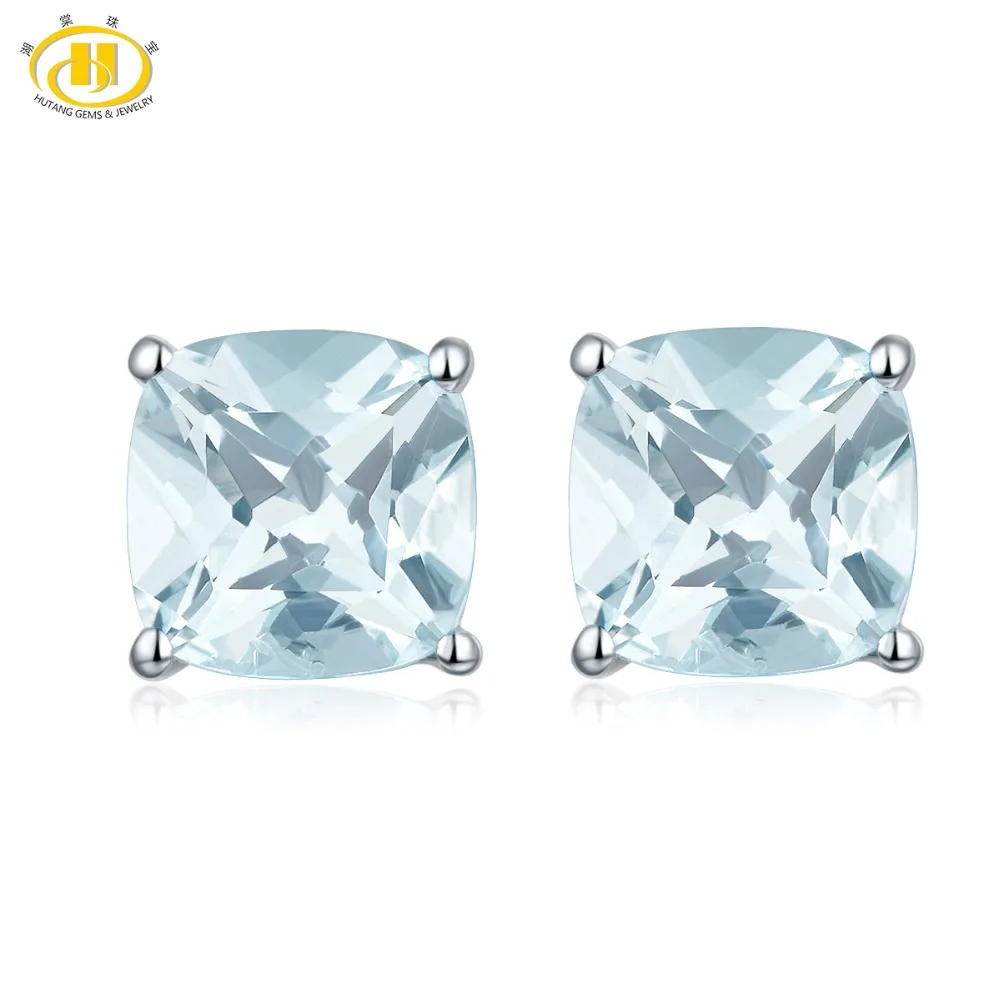HUTANG камень ювелирные изделия 1.049ct натуральная подушечка из аквамарина 5 мм Серьги гвоздики Твердые 925 пробы серебро драгоценный камень ювелирные изделия для женщин