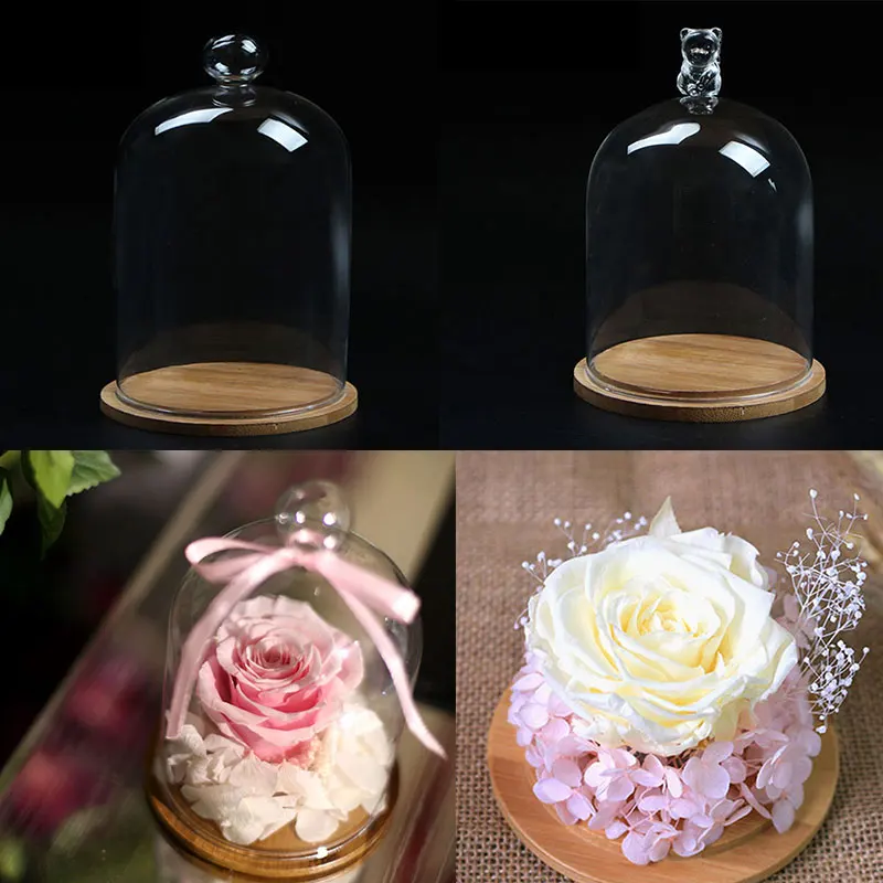 Стеклянный дисплей колокольчик фотолампа неувядающее хранилище с деревянной