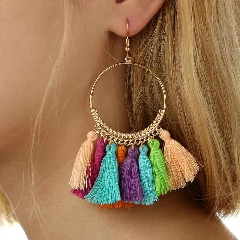 Bohemian Ethnic Big Tassel Earrings Fringed Circle Ring Dangle Drop Earring Ear Jewelry For Women | Украшения и аксессуары