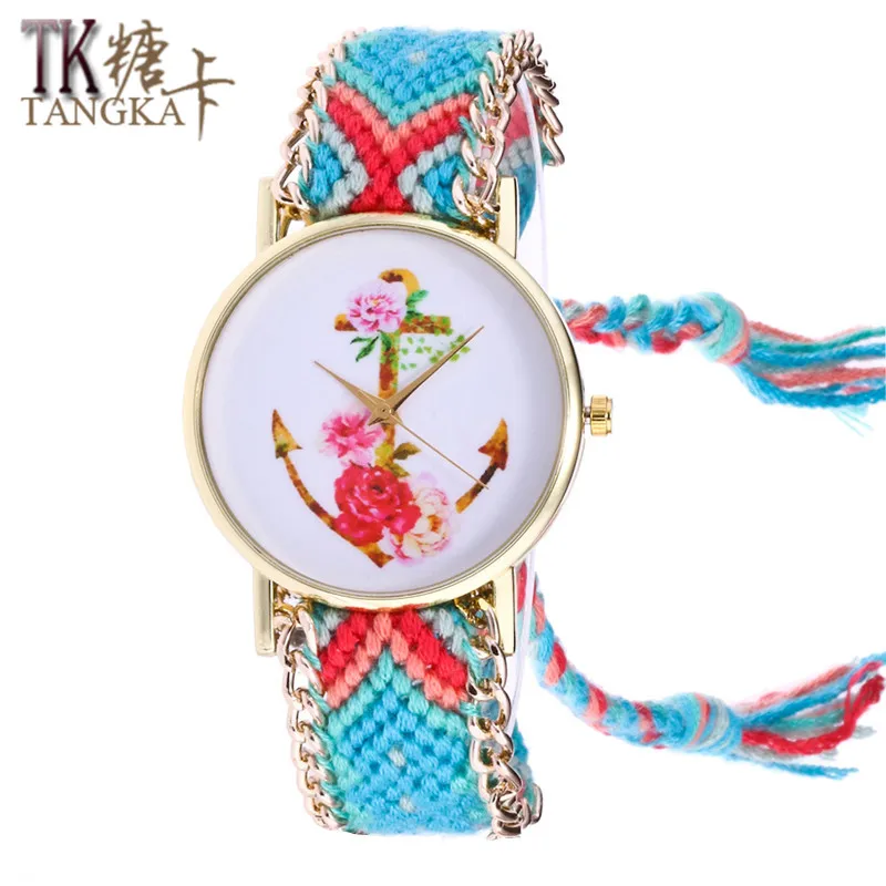 Модные Золотые женские часы ретро тканые с кисточками на ремешке розами и