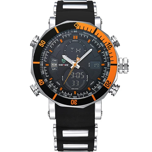 Orange WEIDE Мужские Наручные Часы ЖКД Будильник Резиновый Ремешок Кварцевый Механизм Задняя Подсветка Секундомер Автоматическая Дата Двойной Дисплей Хронограф Цифровые Спортивные Электронные Армейские Часы - Цвет: Orange