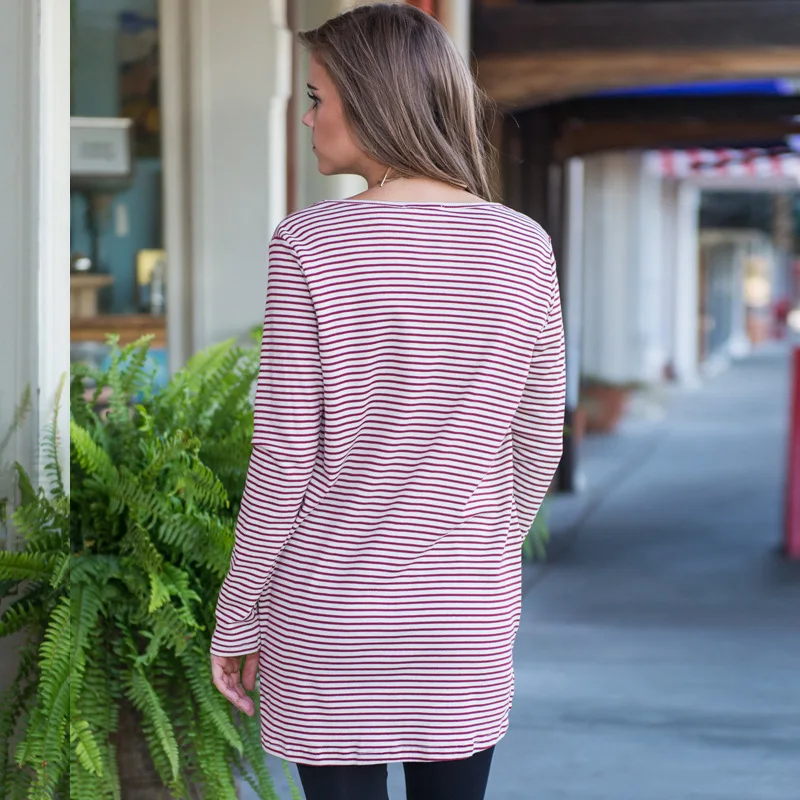 2018 New women's spring long sleeve fashion T-shirt striped printing pockets t shirts knit cotton fabric O-neck top | Женская одежда