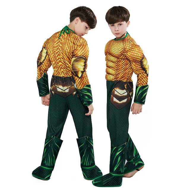 Новый детский костюм для косплея Aquaman золотой комбинезон с мышцами мальчиков