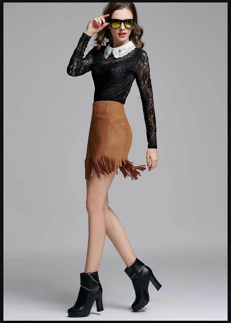 Нерегулярные кисточкой однотонные замшевые юбка Высокая талия тонкие линии юбки