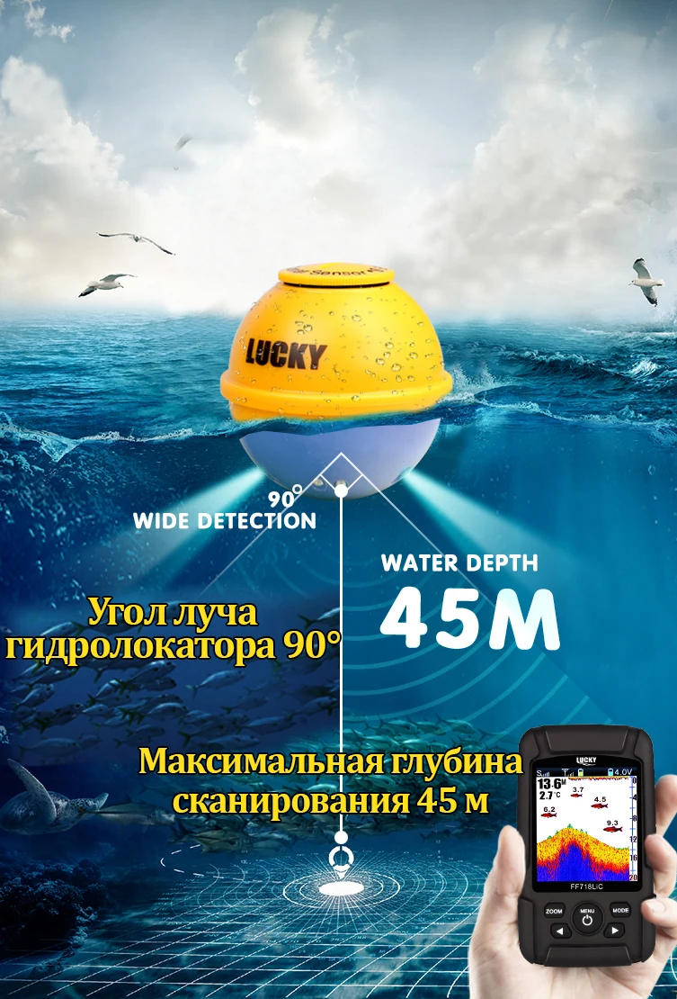 Lucky FFF718LiC-WLA Беспроводной эхолот для рыбалки с цветным дисплеем lucky эхолот эхолот для рыбалки fish finder sonar for fishing эхолоты fishfinder эхолот беспроводной лаки lucky эхолоты для рыбалки
