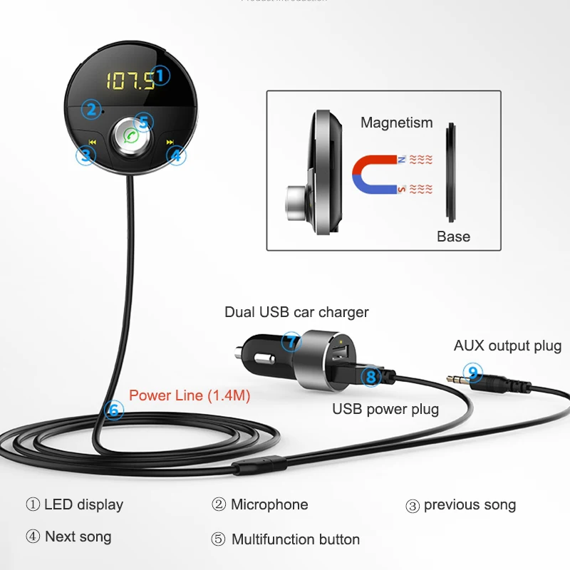 FDOMAIN Magnetic 3.5mm car AUX Bluetooth Adapter Audio Receiver Handsfree kit Lossless MP3 Player FM Transmitter | Автомобили и