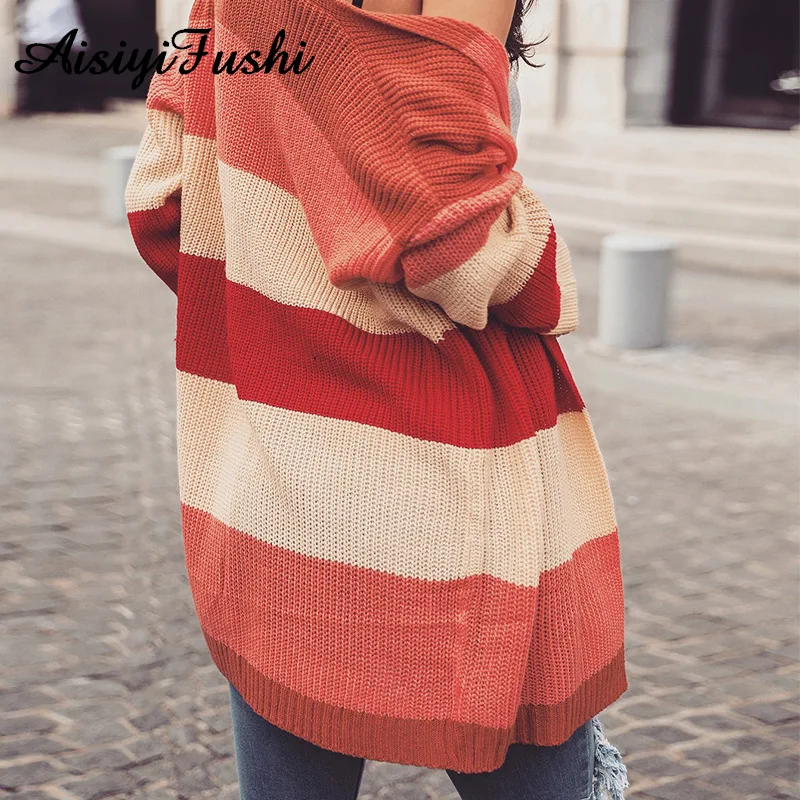 Winter Women Long Sleeve Cardigan Striped Female Knitted Cardigans Rainbow Warm Women'S Femme Manche Longue 2020 |