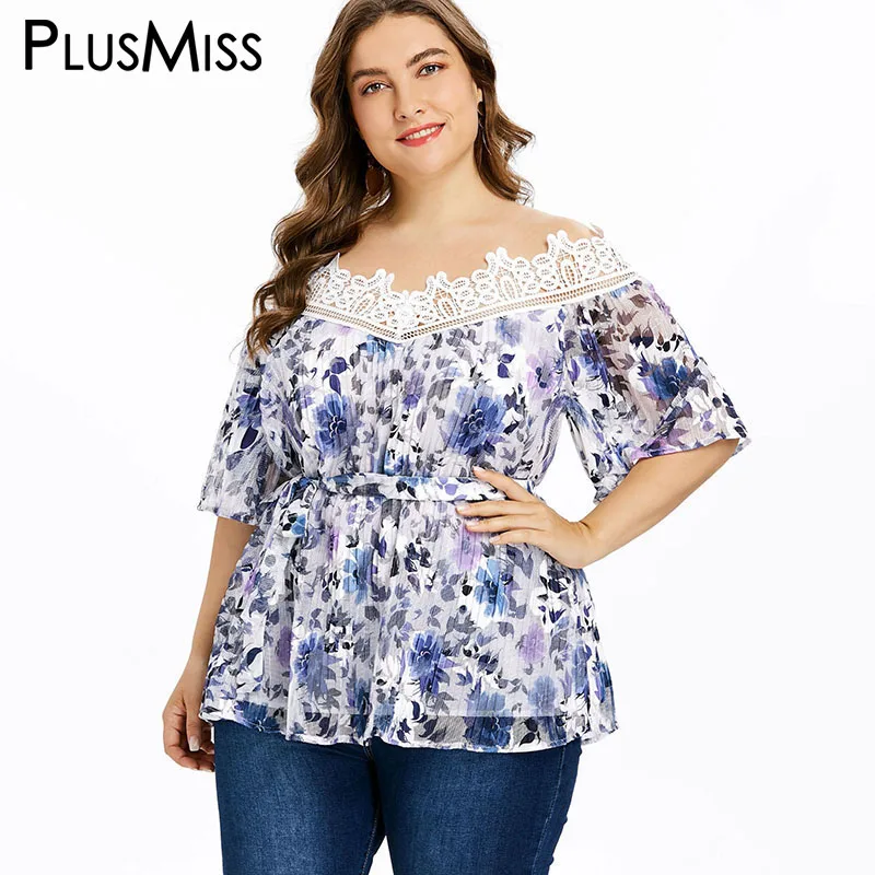 PlusMiss плюс размер 5XL сексуальная кружевная блузка с расклешенными рукавами и