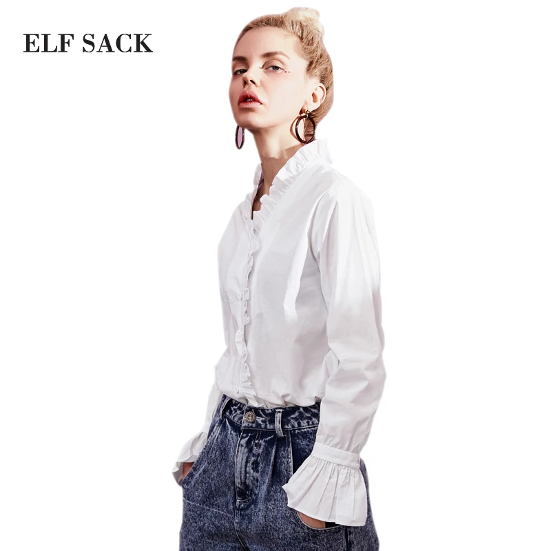 ELFSACK, стильные женские Однотонные блузки, тянущиеся с краем, женские, с длинным рукавом, базовые, OL белые блузки, женские блузки, рубашки