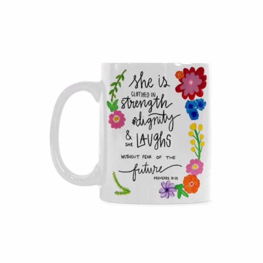 

Christmas gift Coffee Mug Verse "She is clothed with strength and dignity White Mug Ceramic Mug Customized Mug (11 Oz capacity)