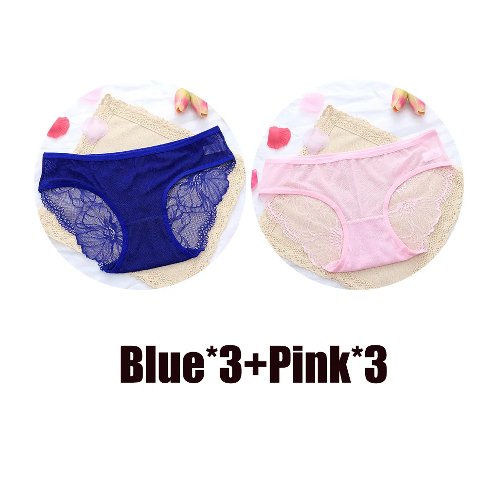 3Blue 3Pink 6 шт. в упаковке, трусики, сексуальные кружевные трусы для женщин, низкая посадка, плюс размер, нижнее белье, сетчатые прозрачные трусики, женское нижнее белье - Цвет: 3Blue 3Pink