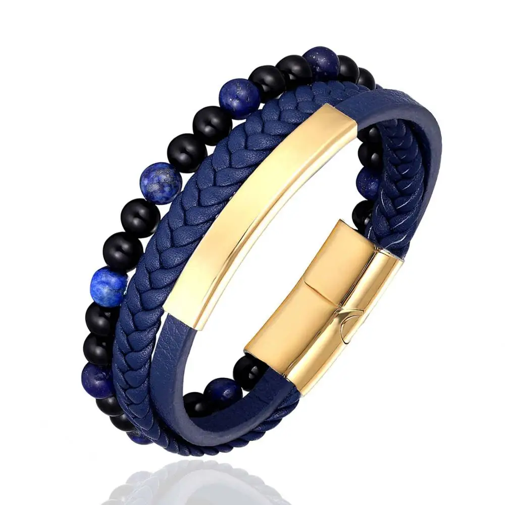 gold blue Модный браслет из нержавеющей стали, 6 мм, натуральный тигровый глаз, браслет из многослойной кожи, браслет из нержавеющей стали для женщин и мужчин, браслет на запястье - Окраска металла: gold blue