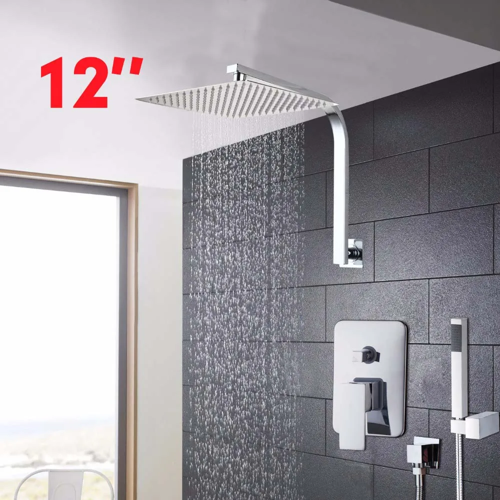 12 Inch Shower Set JIENI 8, 10, 12, 16 дюймов светодиодный дождевой душевой набор для ванной комнаты, ручная Душевая насадка, настенный квадратный хромированный латунный душевой набор с водопадом - Цвет: 12 Inch Shower Set