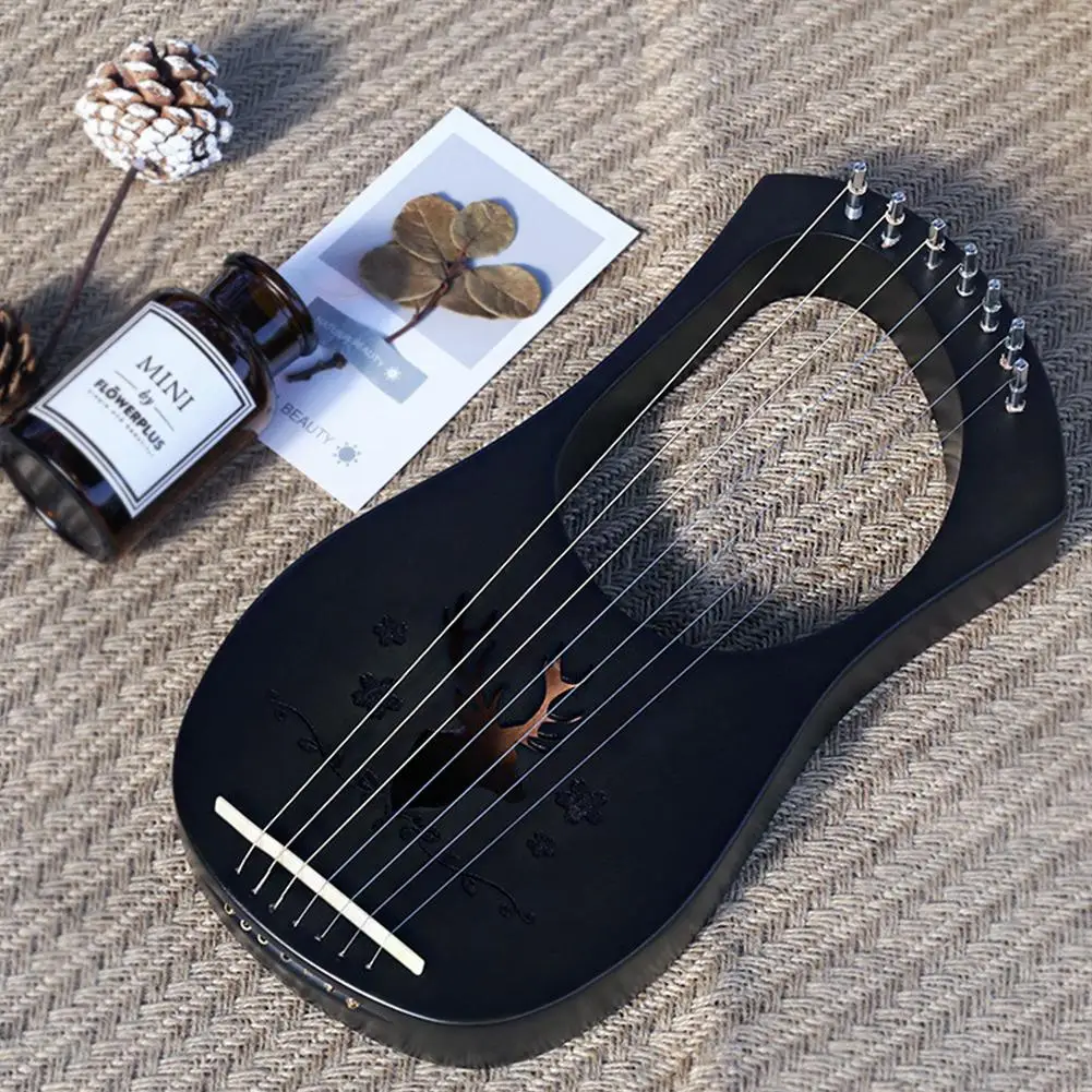 7 Strings Harp Lyre Strings Instrument Reindeer Pattern Mahogany Wood 7 Tone C Key Stringed Instruments for Music Lovers Gift