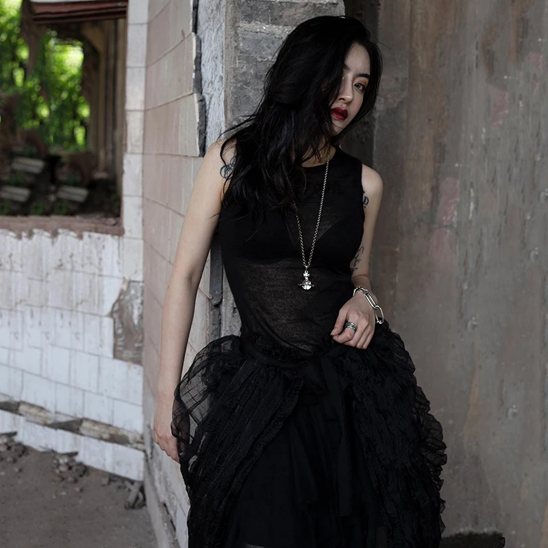 [EAM] New Spring Summer Round Neck Sleeveless Mesh Stitching Pleated Thin Temperament Loose Dress Women Fashion Tide JX723