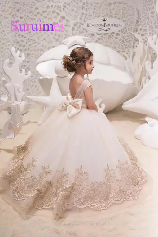 Платья принцессы с цветочным узором цвета шампанского для девочек кружевная