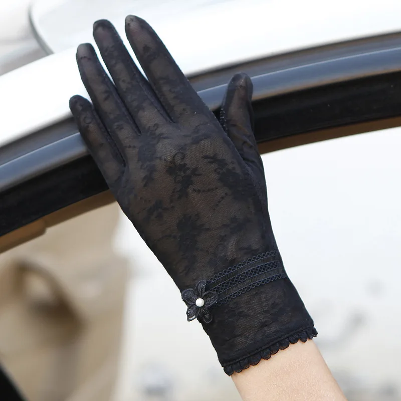 Black Сексуальные весенние летние женские осенние короткие солнцезащитные перчатки с УФ-защитой от солнца, модные шелковые кружевные перчатки для вождения, тонкие перчатки для сенсорного экрана G06F - Цвет: Black