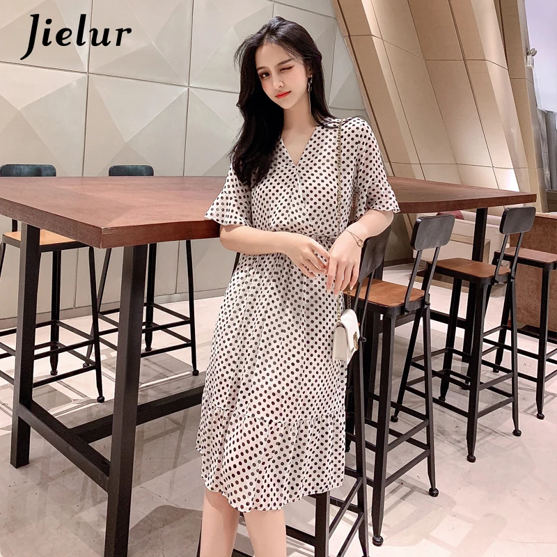 Jielur платья летние женские шифоновые платья в горошек для женщин элегантное платье с v-образным вырезом Сверкающее с рукавами эластичное ТРАПЕЦИЕВИДНОЕ ПЛАТЬЕ Сарафан корейский винтажный тонкий сладкий Vestidos