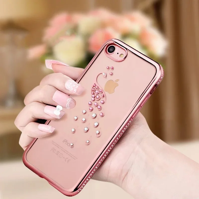 Для iPhone 7 Case Блеск Алмазный Ясно TPU Крышка Лебедь павлин Кристалл Rhinestone Silicone for Plus