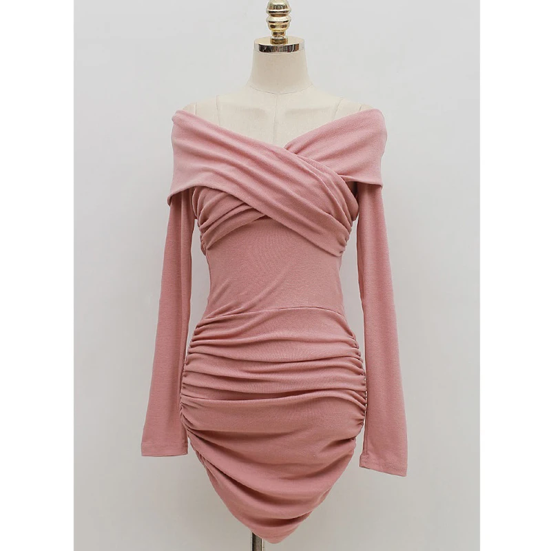 

2019 Spring Autumn Women Dress Fashion Off Shoulder Sexy V-neck Long-Sleeve Solid Mini Bag Hip Dress Female Party Vestidos