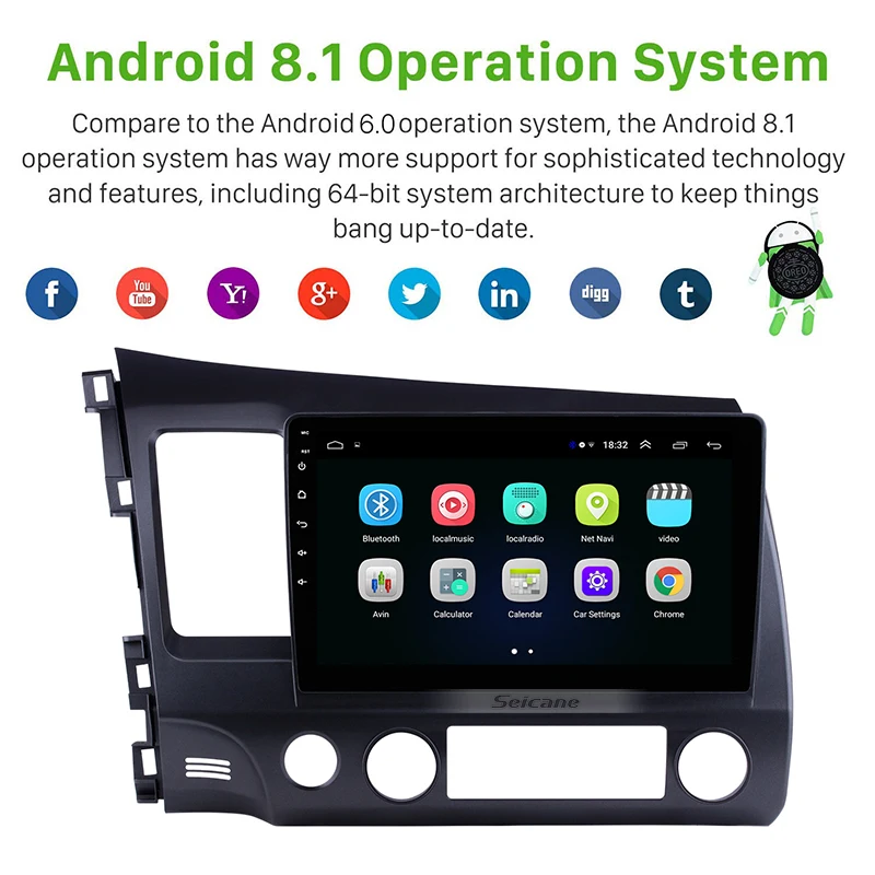 Seicane Android 8,1 10," 2Din Автомагнитола для 2006 2007 2008 2009-2011 Honda Civic головное устройство WiFi стерео gps мультимедийный плеер